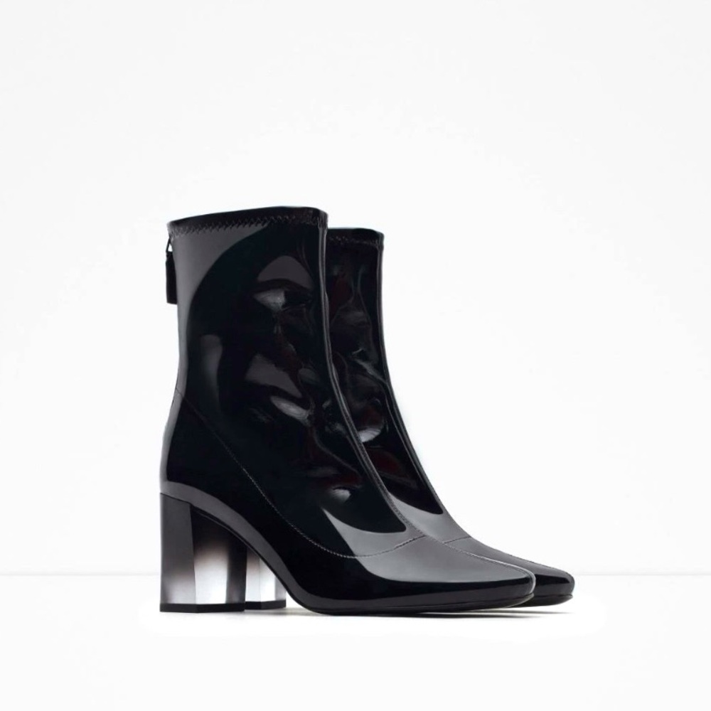 NWT ZARA BLACK PATENT LEATHER ZIP BOOTS GRADIENT LUCITE HEELS US 7 1/2 EU 38